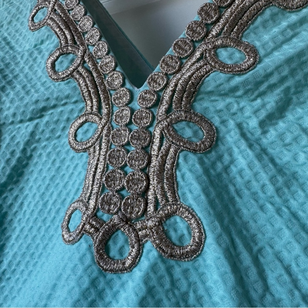 Lilly Pulitzer Aqua Textured Shift Dress Gold Embroidered Neckline Size 12 - Picture 4 of 9